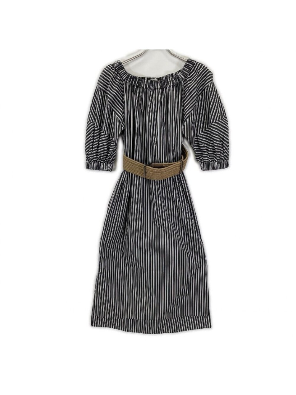 Brunello Cucinelli Indigo Stripe Off Shoulder Belt Dress